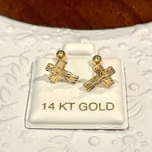 14K Gold Cross Stud Earrings for Women - Polished Yellow Gold